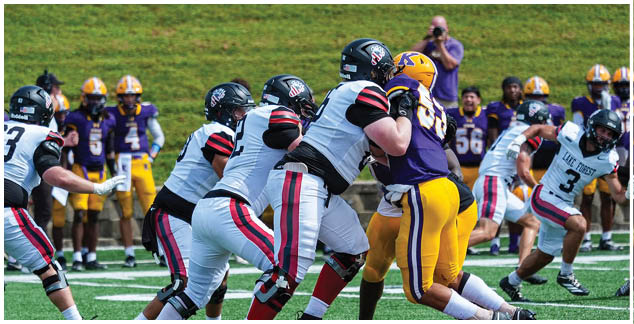 A football game is in progress with a player in a yellow jersey running with the ball. Description generated by AI