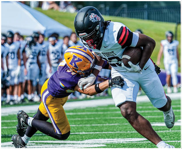 A football player in a black helmet is tackling another player. Description generated by AI