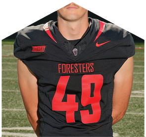 A football player wearing a black jersey with the number 49. Description generated by AI