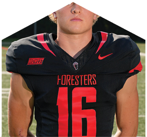 A football player wearing a black and red jersey with the number 16. Description generated by AI