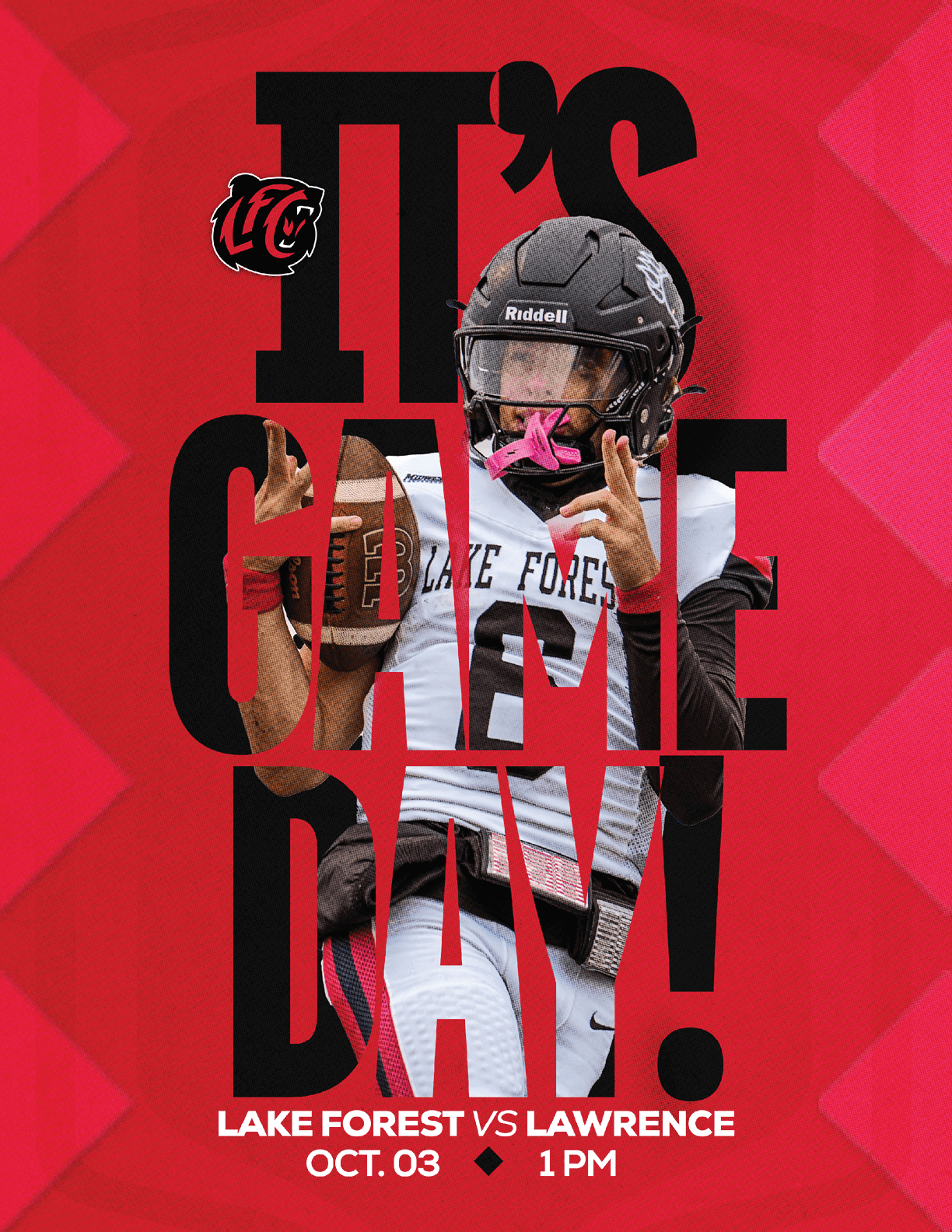 A person in a football uniform and helmet stands against a red background with bold black text reading “It's Game Day" and details about a football game between Estero and Yorbalinda on October 24 at 7 PM. Description generated by AI