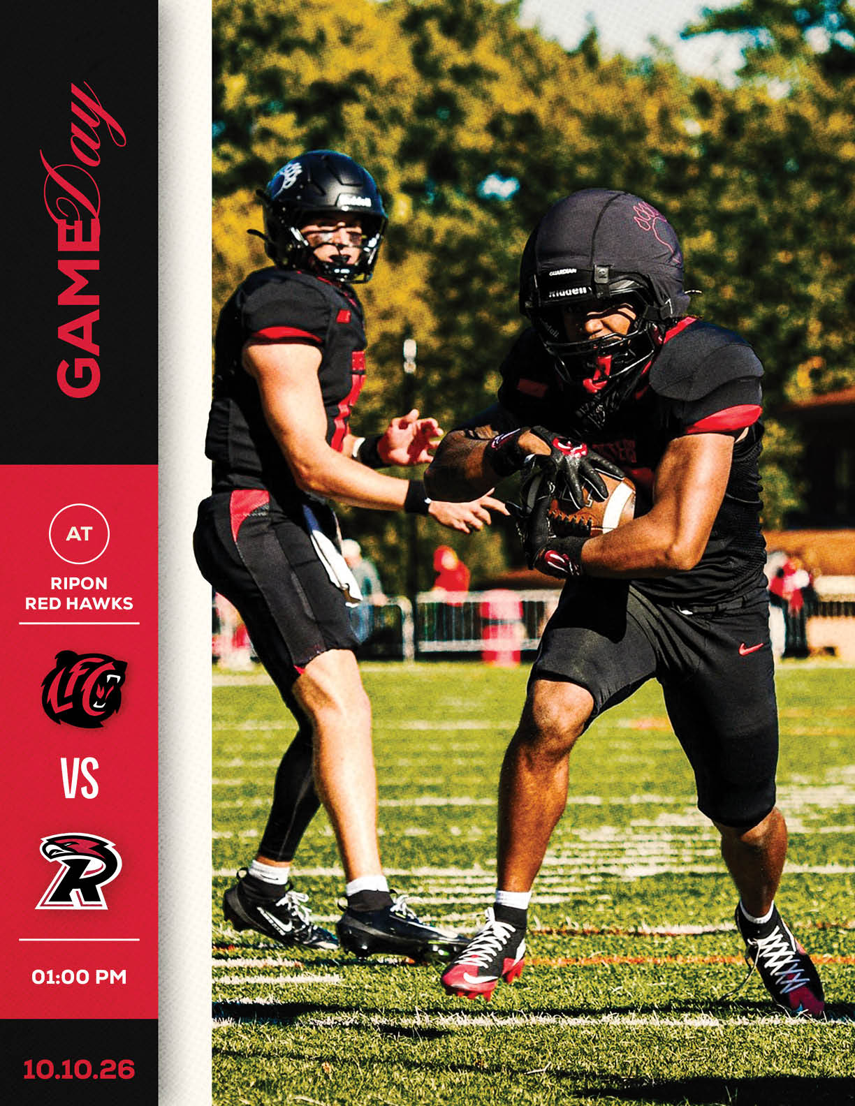 A person in a football uniform and helmet stands against a red background with bold black text reading “It's Game Day" and details about a football game between Estero and Yorbalinda on October 24 at 7 PM. Description generated by AI