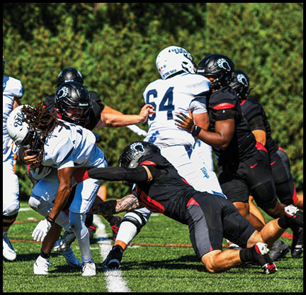 A football player is kicking a football on a field. Description generated by AI