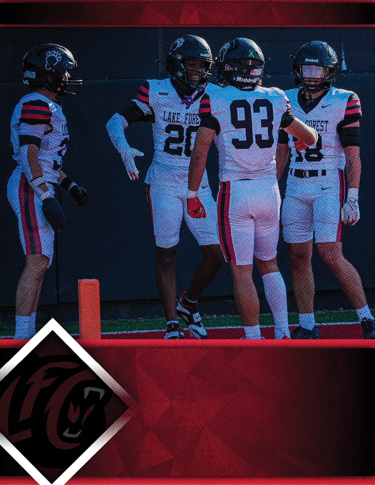 A group of football players wearing red and blue uniforms. Description generated by AI