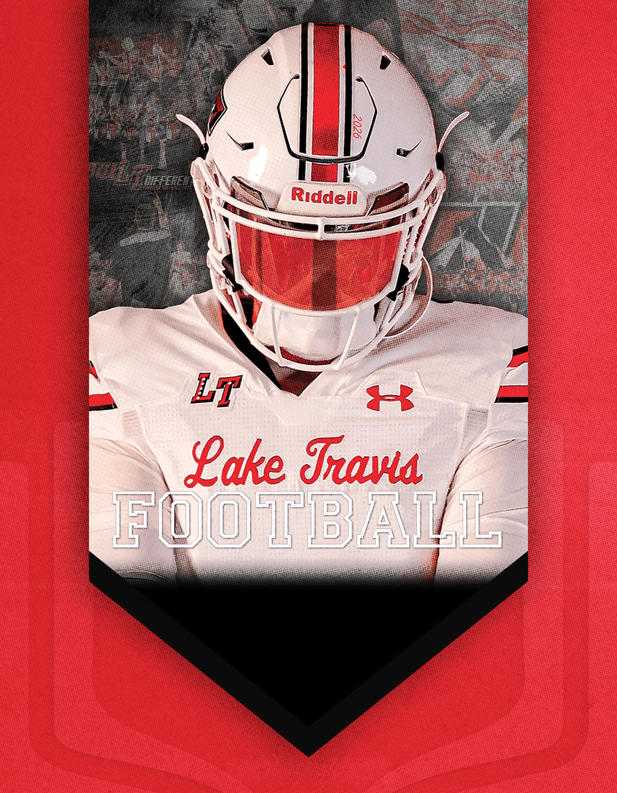 A group of football players in blue and white uniforms huddle together on a green field with the text Lake Travis Story of the Season above them. Description generated by AI