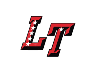 The letters L and T are stylized in red with black shadows, with the L decorated by a vertical row of white stars. Description generated by AI