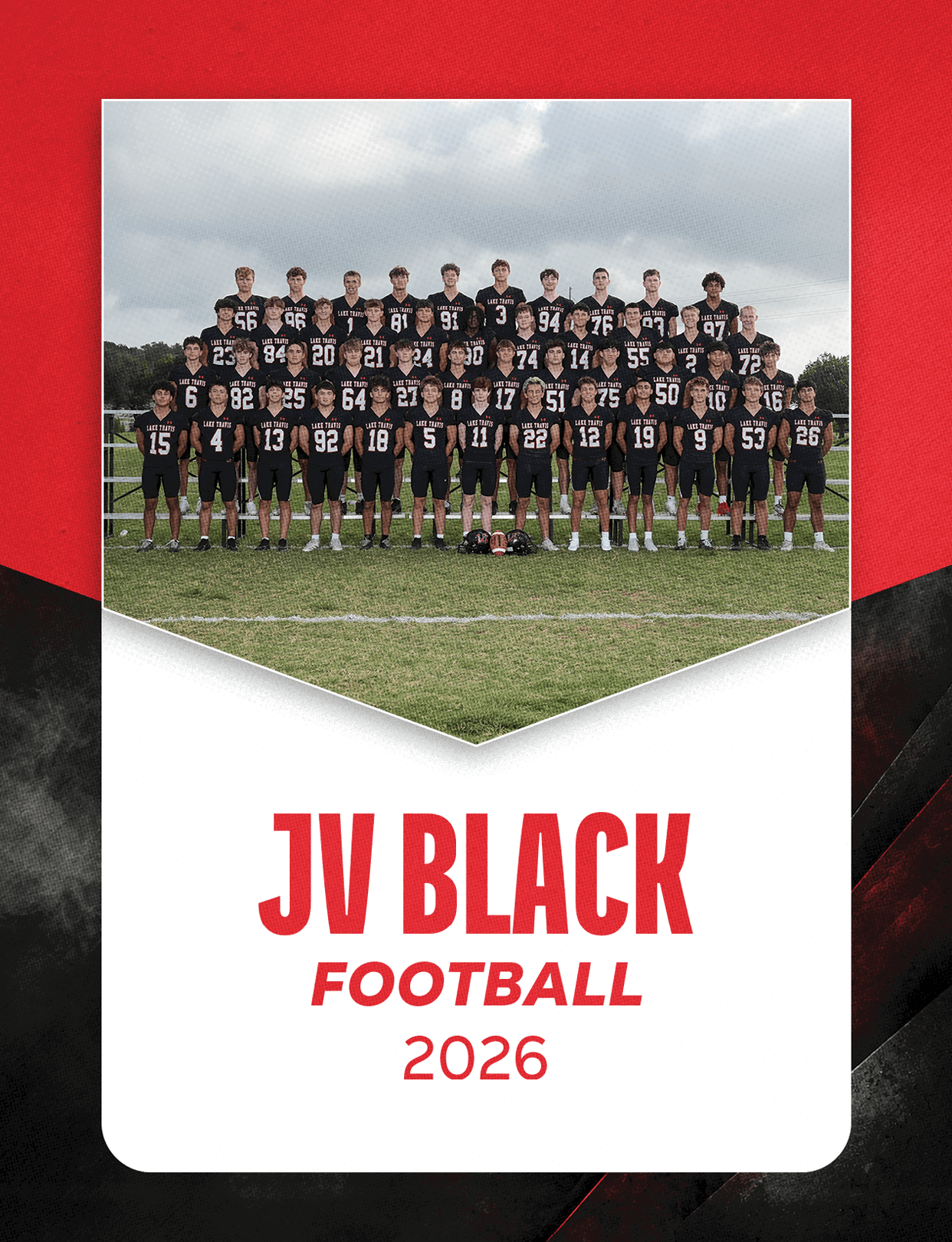 A group of people wearing football uniforms is seated in bleachers above text that reads varsity football 2026 on a red, black, and white background. Description generated by AI