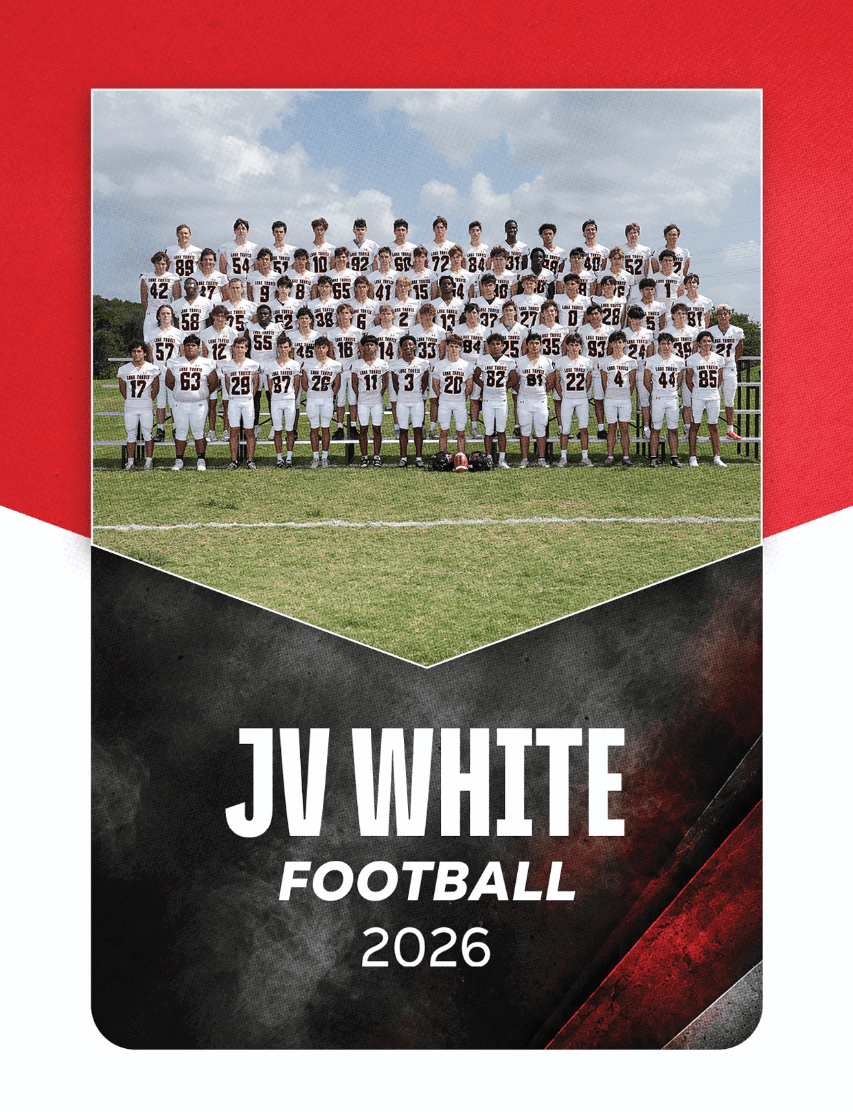 A group of people wearing football uniforms is seated in bleachers above text that reads varsity football 2026 on a red, black, and white background. Description generated by AI