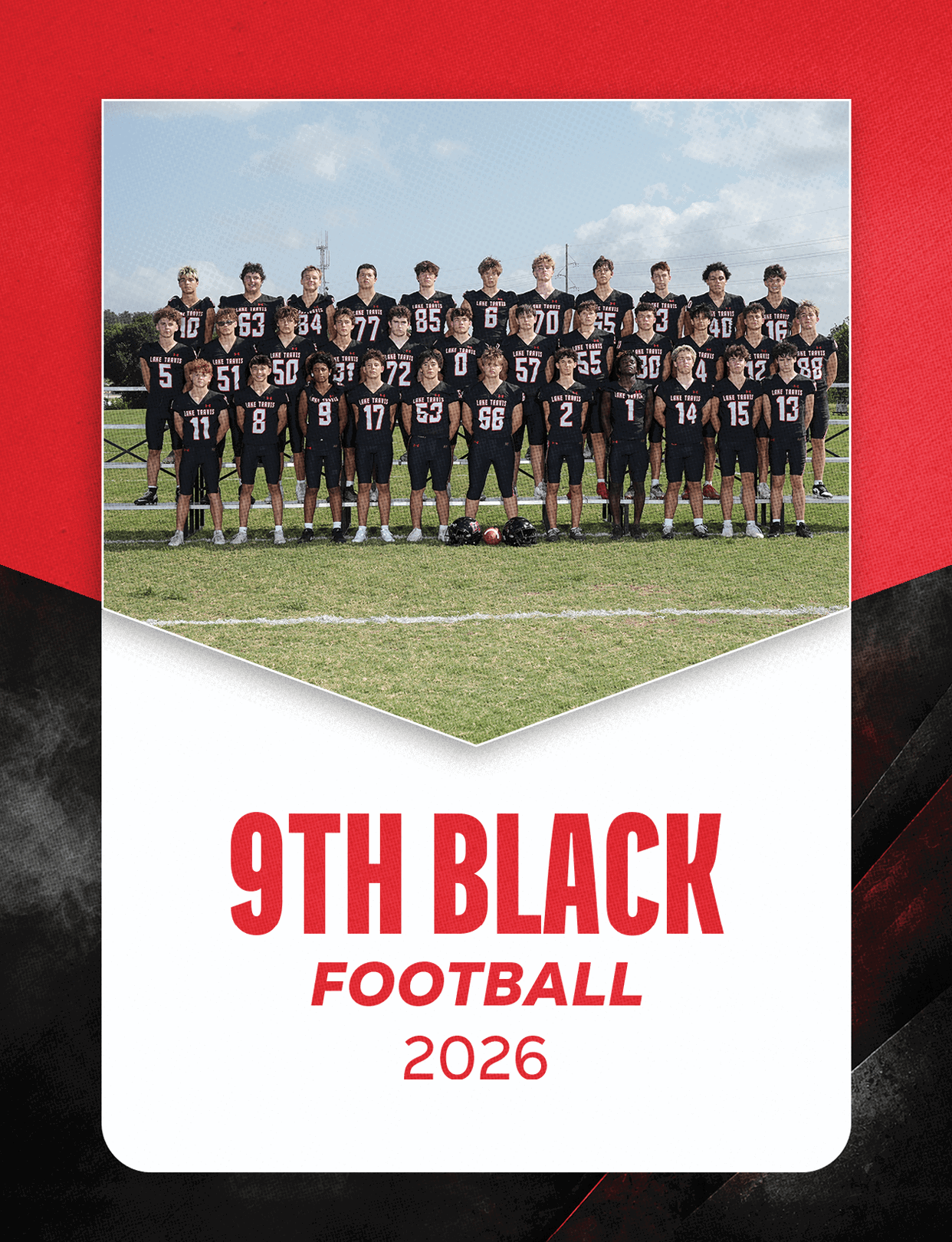 A group of people wearing football uniforms is seated in bleachers above text that reads varsity football 2026 on a red, black, and white background. Description generated by AI