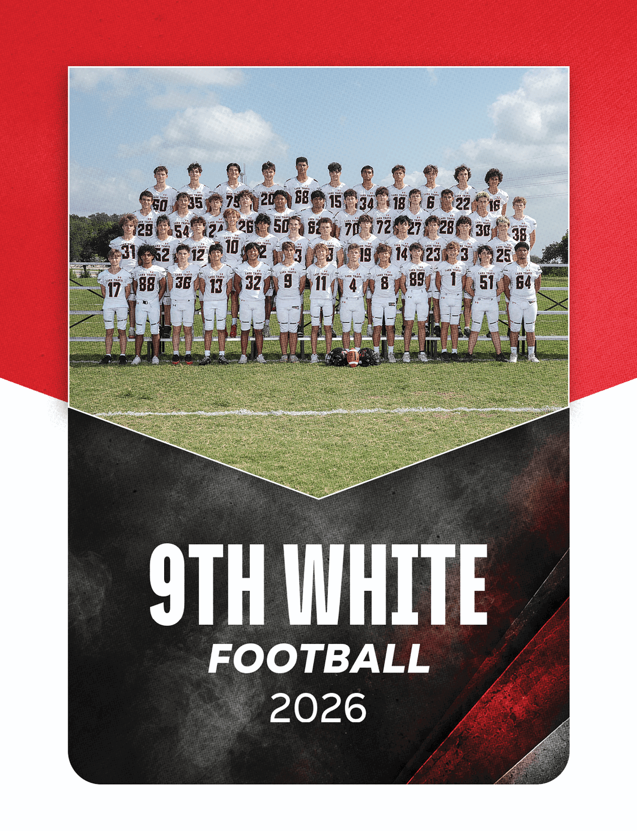 A group of people wearing football uniforms is seated in bleachers above text that reads varsity football 2026 on a red, black, and white background. Description generated by AI