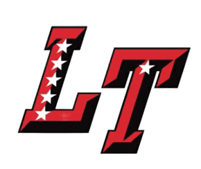 The letters L and T are stylized in red with black shadows, with the L decorated by a vertical row of white stars. Description generated by AI