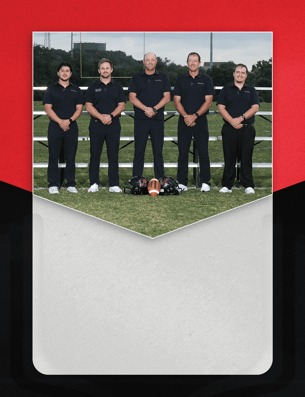 A group of people wearing football uniforms is seated in bleachers above text that reads varsity football 2026 on a red, black, and white background. Description generated by AI