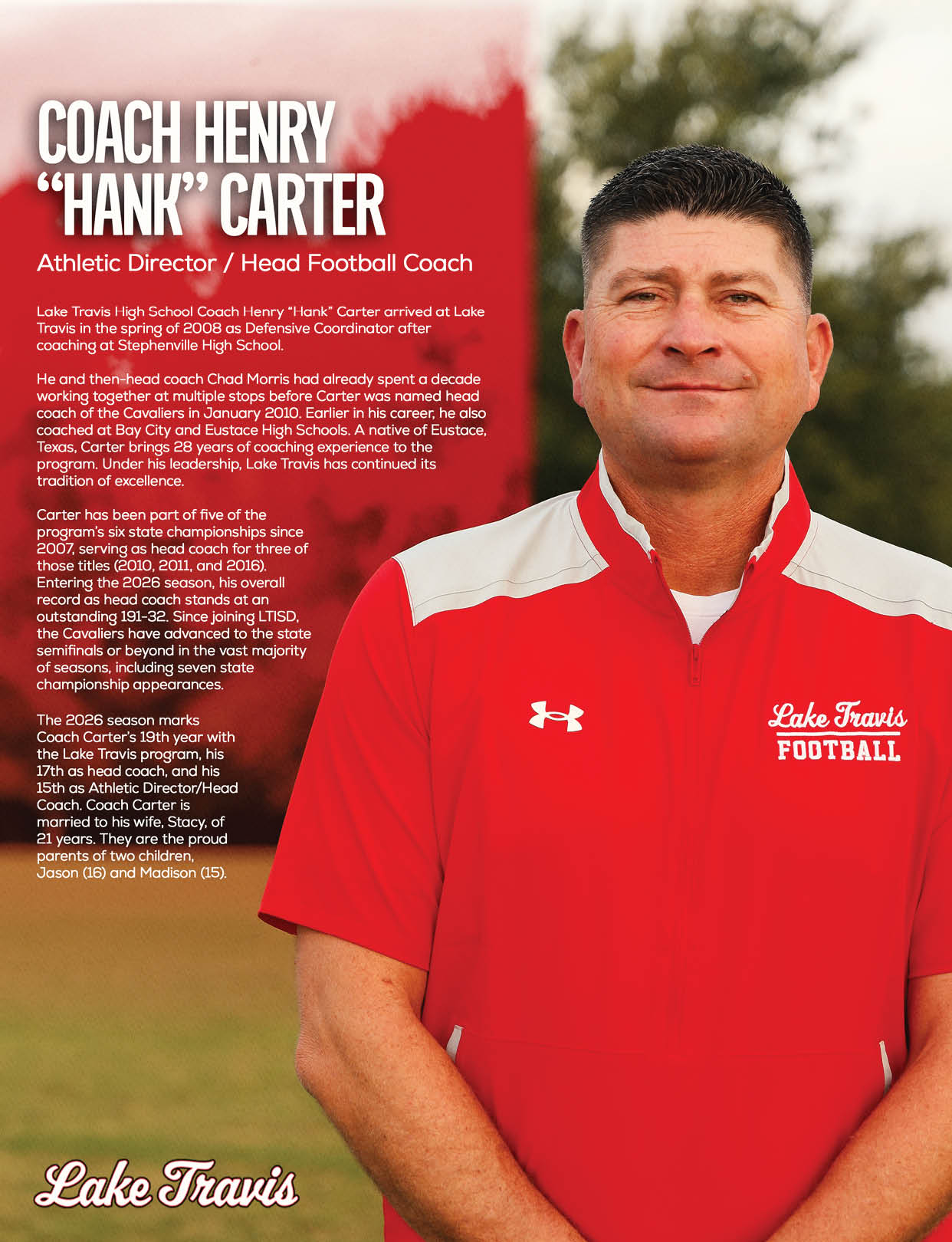 An adult wearing a black cap, headset, and a white shirt with “Panthers Football" printed on it stands next to text introducing Jerry Edwards as the head coach with details about his coaching career. Description generated by AI