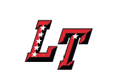 The letters L and T are stylized in red with black shadows, with the L decorated by a vertical row of white stars. Description generated by AI