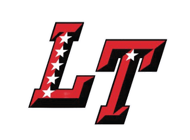 The letters L and T are stylized in red with black shadows, with the L decorated by a vertical row of white stars. Description generated by AI