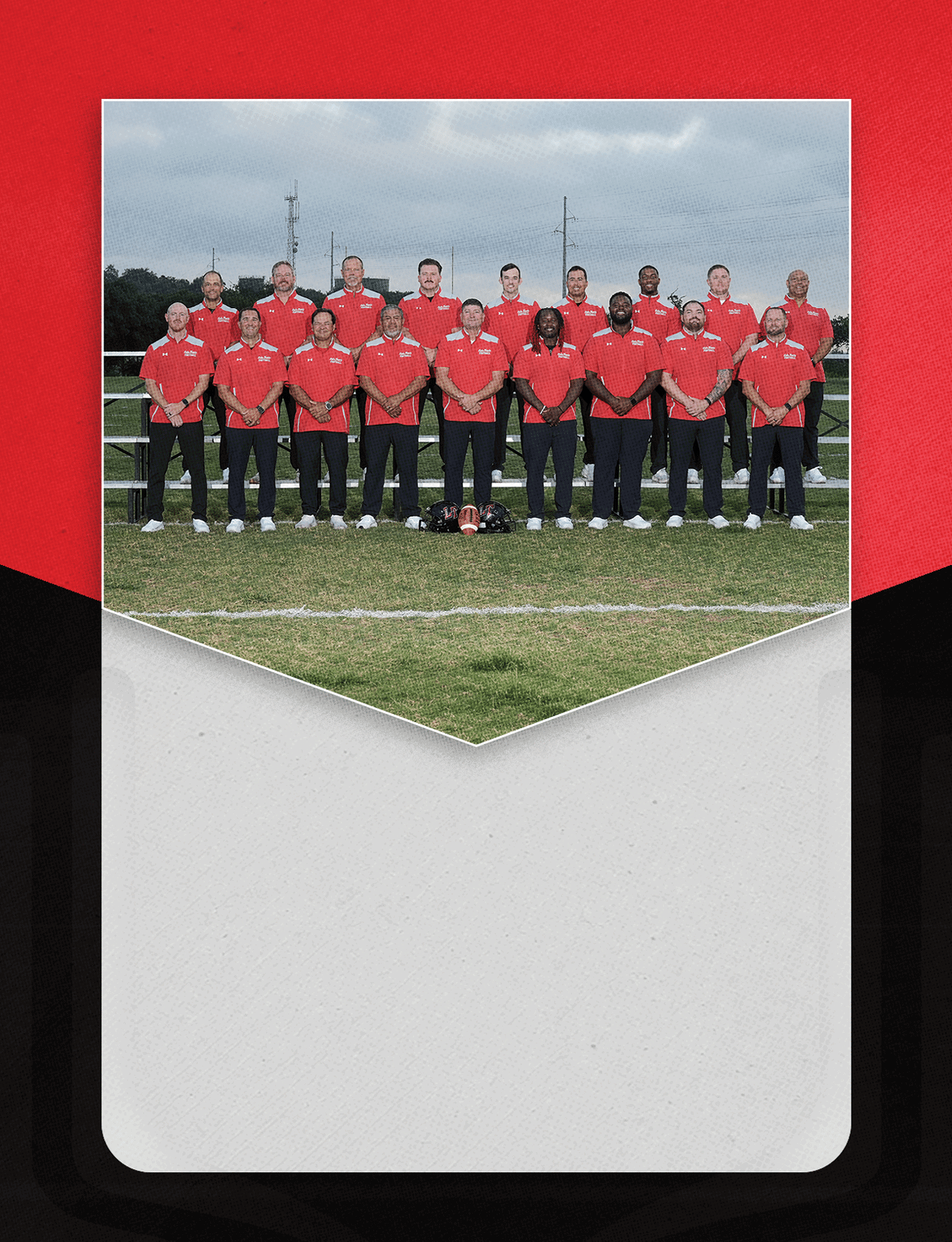 A group of people wearing football uniforms is seated in bleachers above text that reads varsity football 2026 on a red, black, and white background. Description generated by AI