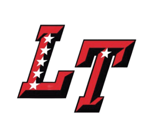 The letters L and T are stylized in red with black shadows, with the L decorated by a vertical row of white stars. Description generated by AI