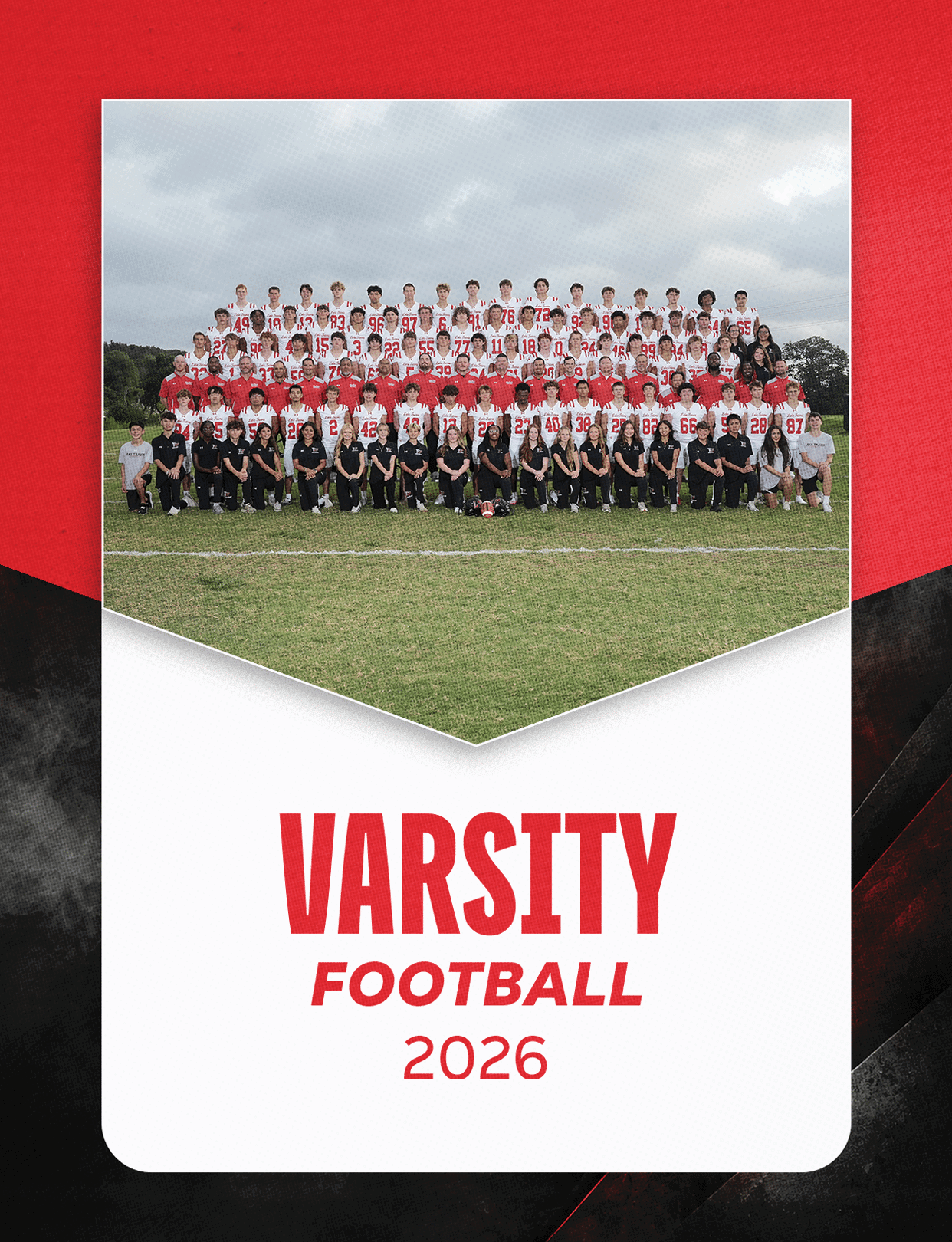 A group of people wearing football uniforms is seated in bleachers above text that reads varsity football 2026 on a red, black, and white background. Description generated by AI