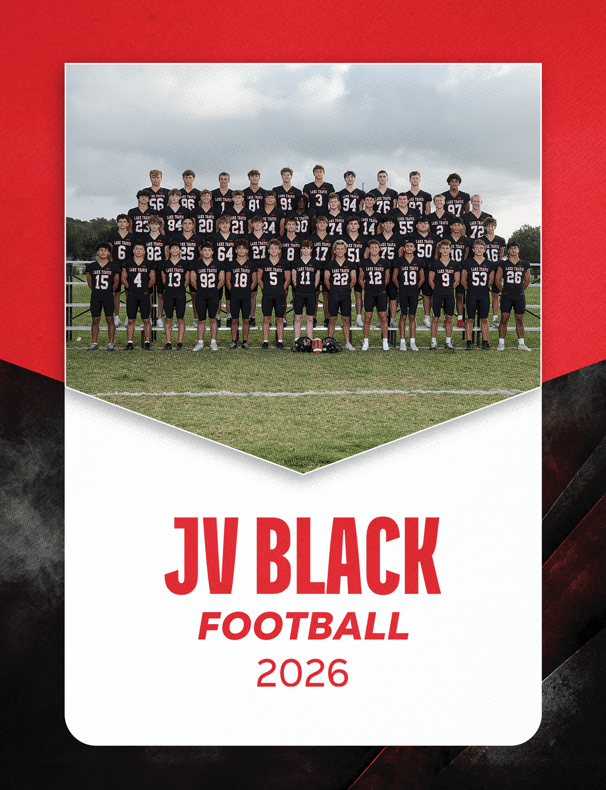 A group of people wearing football uniforms is seated in bleachers above text that reads varsity football 2026 on a red, black, and white background. Description generated by AI