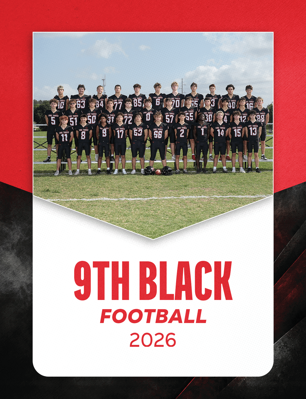 A group of people wearing football uniforms is seated in bleachers above text that reads varsity football 2026 on a red, black, and white background. Description generated by AI