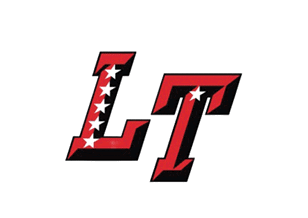 The letters L and T are stylized in red with black shadows, with the L decorated by a vertical row of white stars. Description generated by AI