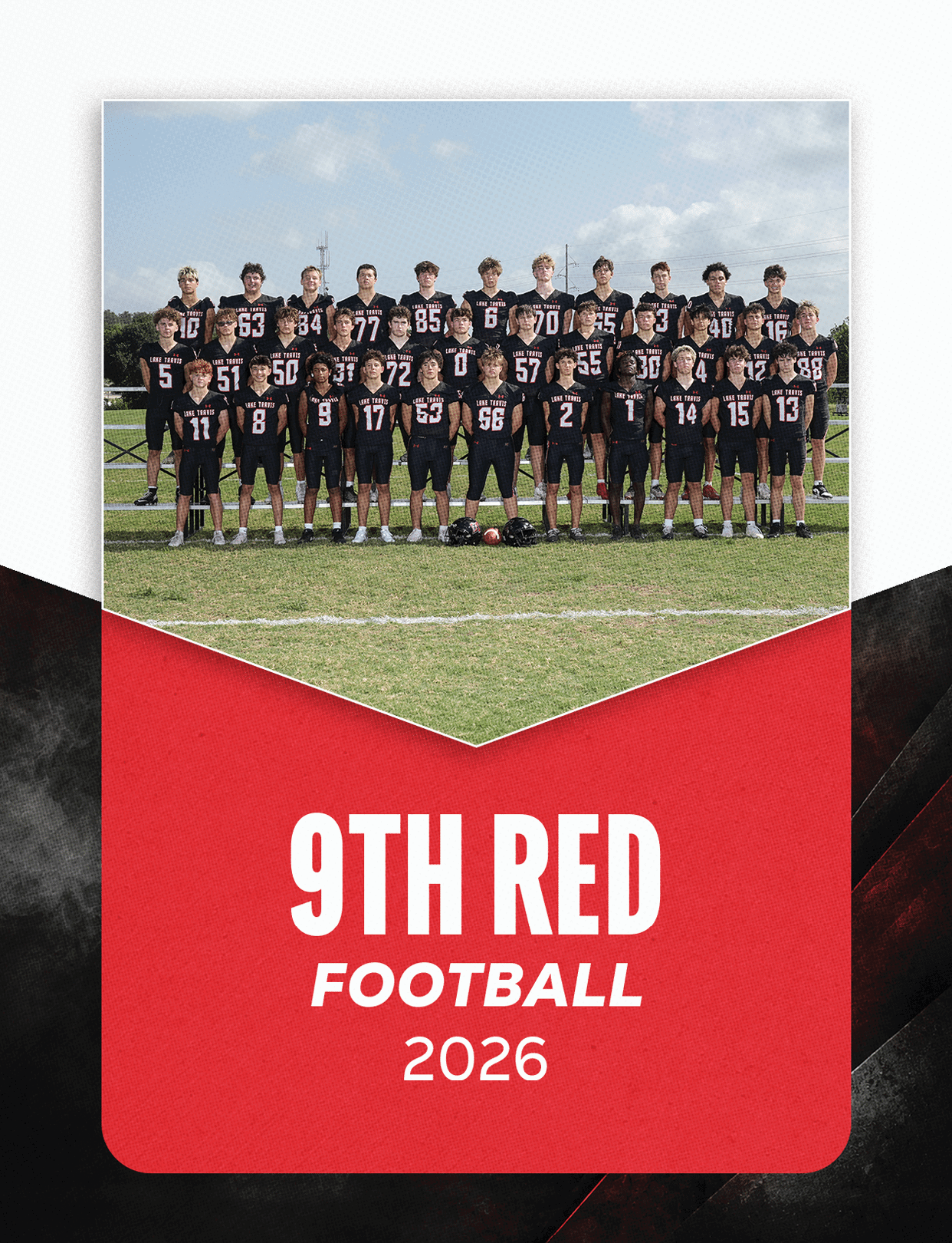 A group of people wearing football uniforms is seated in bleachers above text that reads varsity football 2026 on a red, black, and white background. Description generated by AI