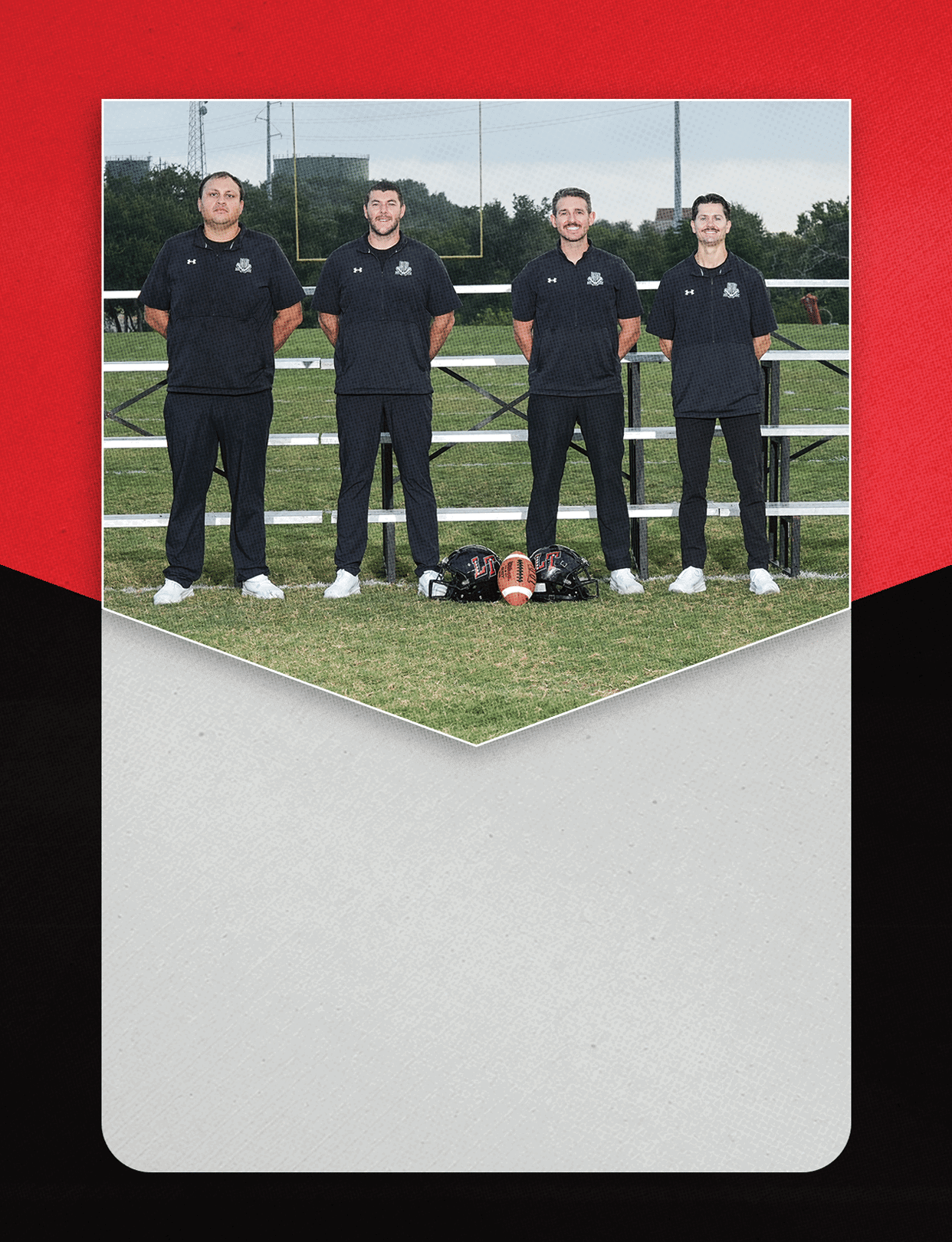 A group of people wearing football uniforms is seated in bleachers above text that reads varsity football 2026 on a red, black, and white background. Description generated by AI