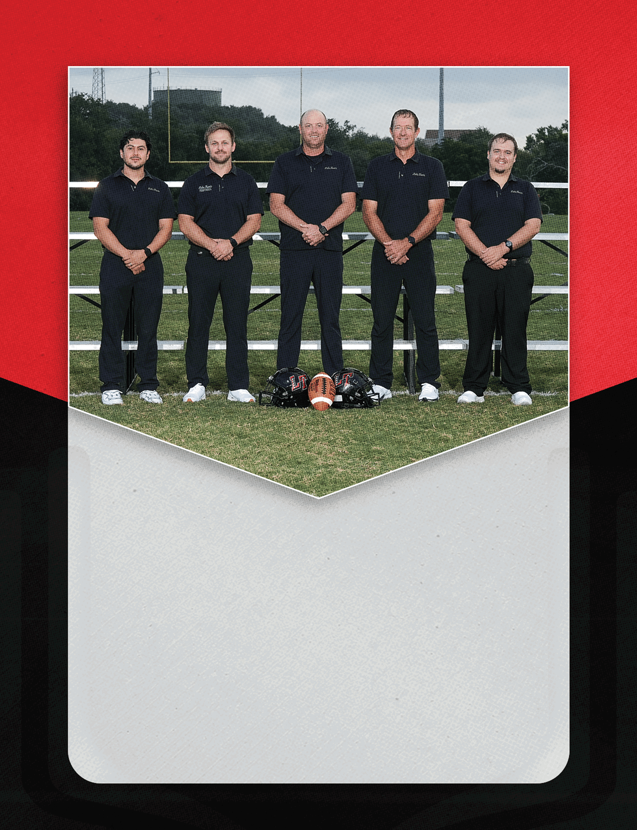 A group of people wearing football uniforms is seated in bleachers above text that reads varsity football 2026 on a red, black, and white background. Description generated by AI