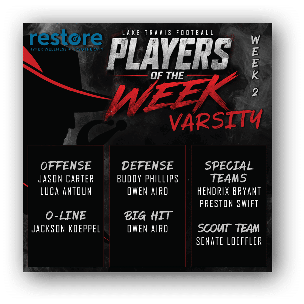 Lake Travis Football Varsity Players of the Week for Week 2 are highlighted with names listed under offense, defense, big hit, special teams, and scout team categories on a dark background with red and white text. Description generated by AI