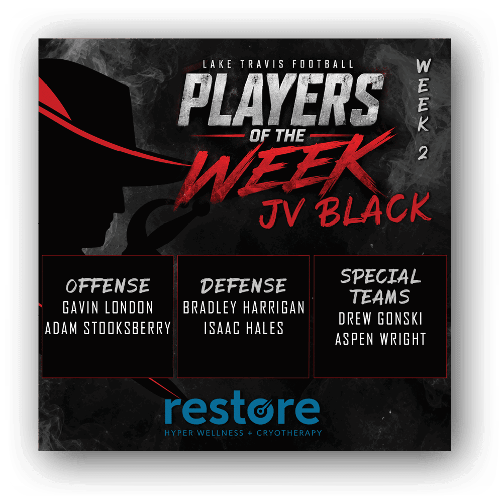 Lake Travis Football Players of the Week for JV Black team highlighting offense, defense, and special teams players with a dark smoky background and bold red and white text. Description generated by AI