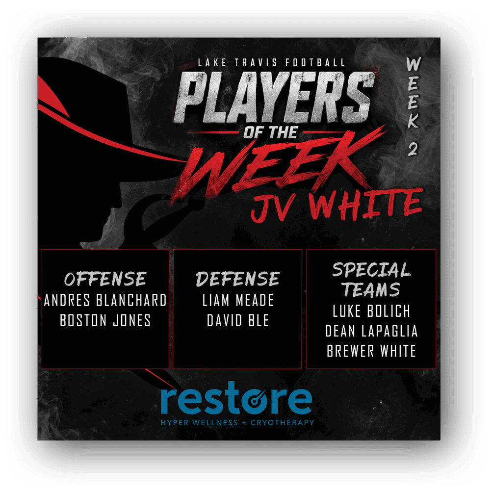Lake Travis Football Players of the Week for Week 2 are announced with names listed under offense, defense, and special teams categories on a dark smoky background with bold red and white text. Description generated by AI