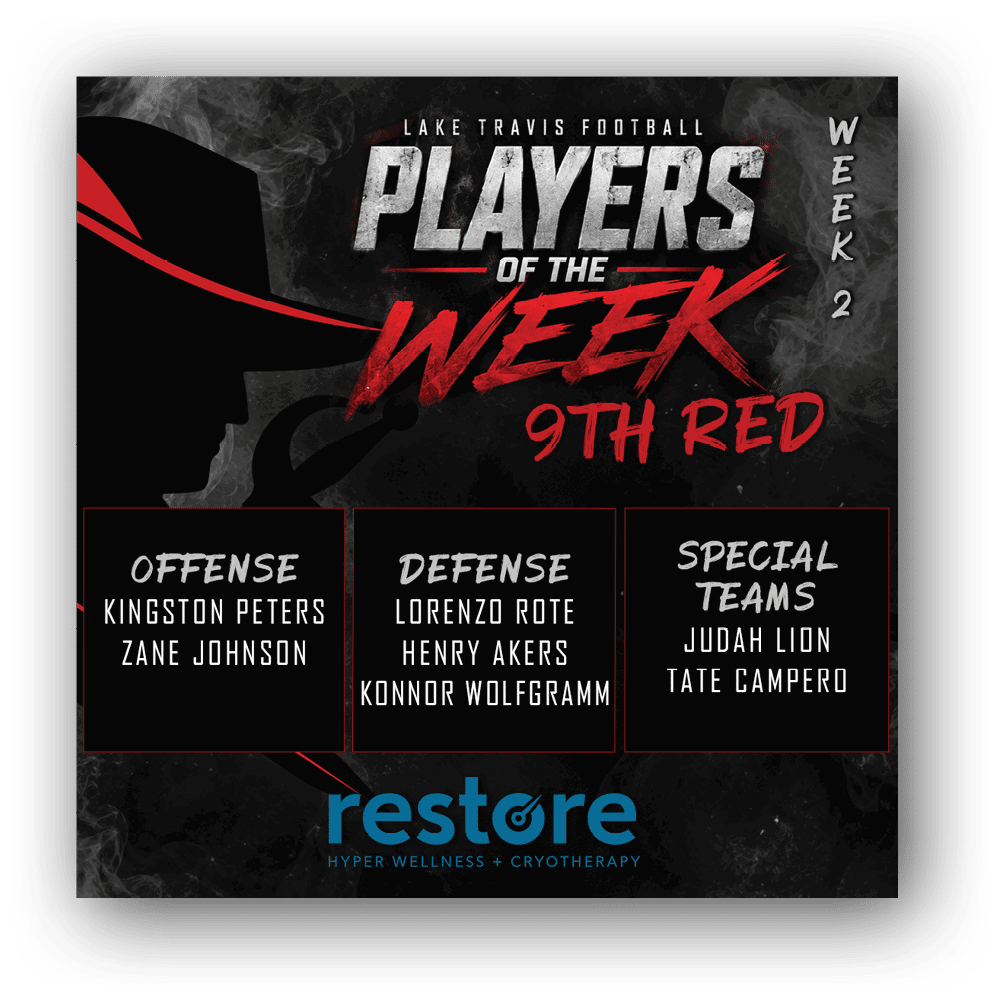 Lake Travis Football Players of the Week for Week 2 highlight offensive, defensive, and special teams players from the 9th Red team with a dark smoky background and bold red and white text. Description generated by AI