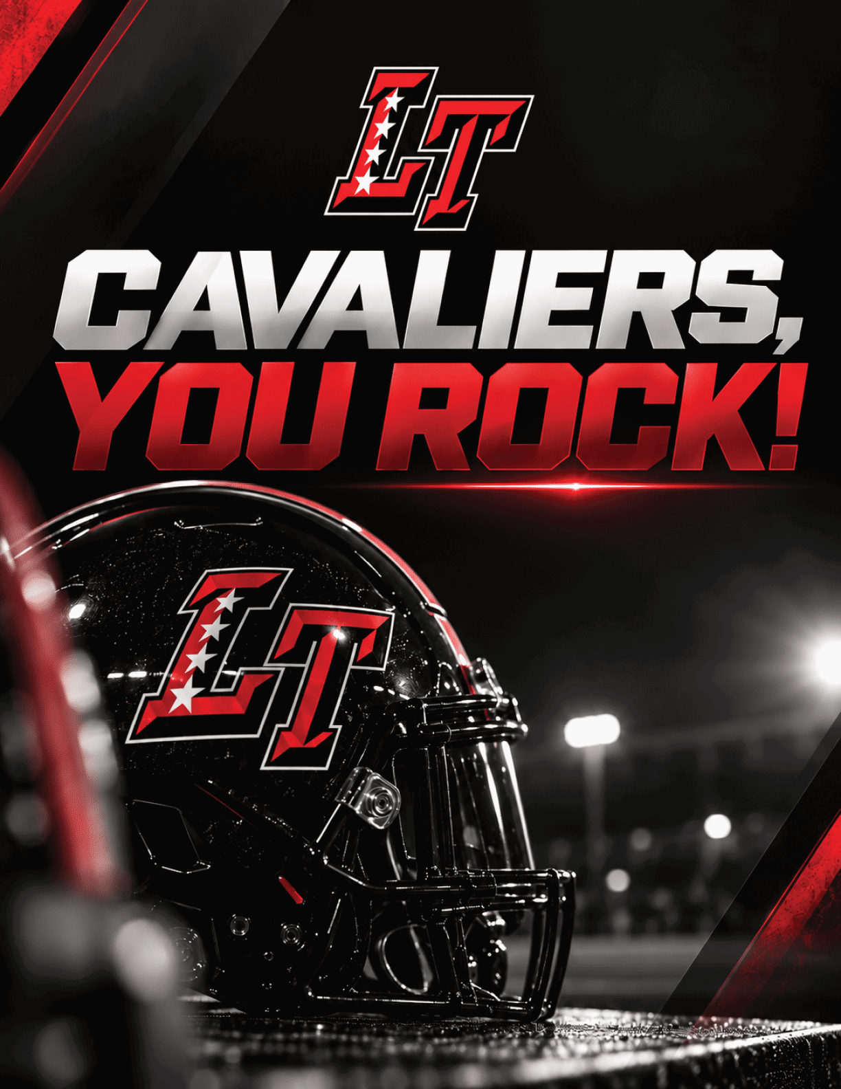 A close-up of a black football helmet with red and white “LT" lettering and bold red and white text above it reading "CAVALIER DU ROC." Description generated by AI
