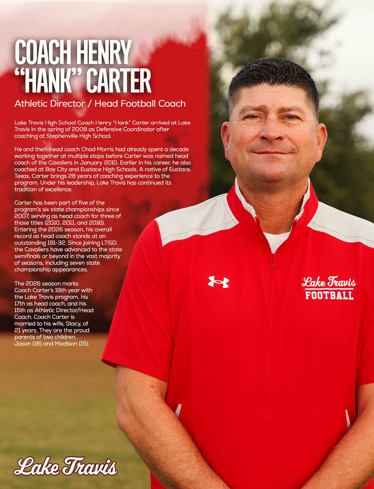 An adult wearing a black cap, headset, and a white shirt with “Panthers Football" printed on it stands next to text introducing Jerry Edwards as the head coach with details about his coaching career. Description generated by AI