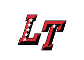 The letters L and T are stylized in red with black shadows, with the L decorated by a vertical row of white stars. Description generated by AI