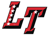 The letters L and T are stylized in red with black shadows, with the L decorated by a vertical row of white stars. Description generated by AI
