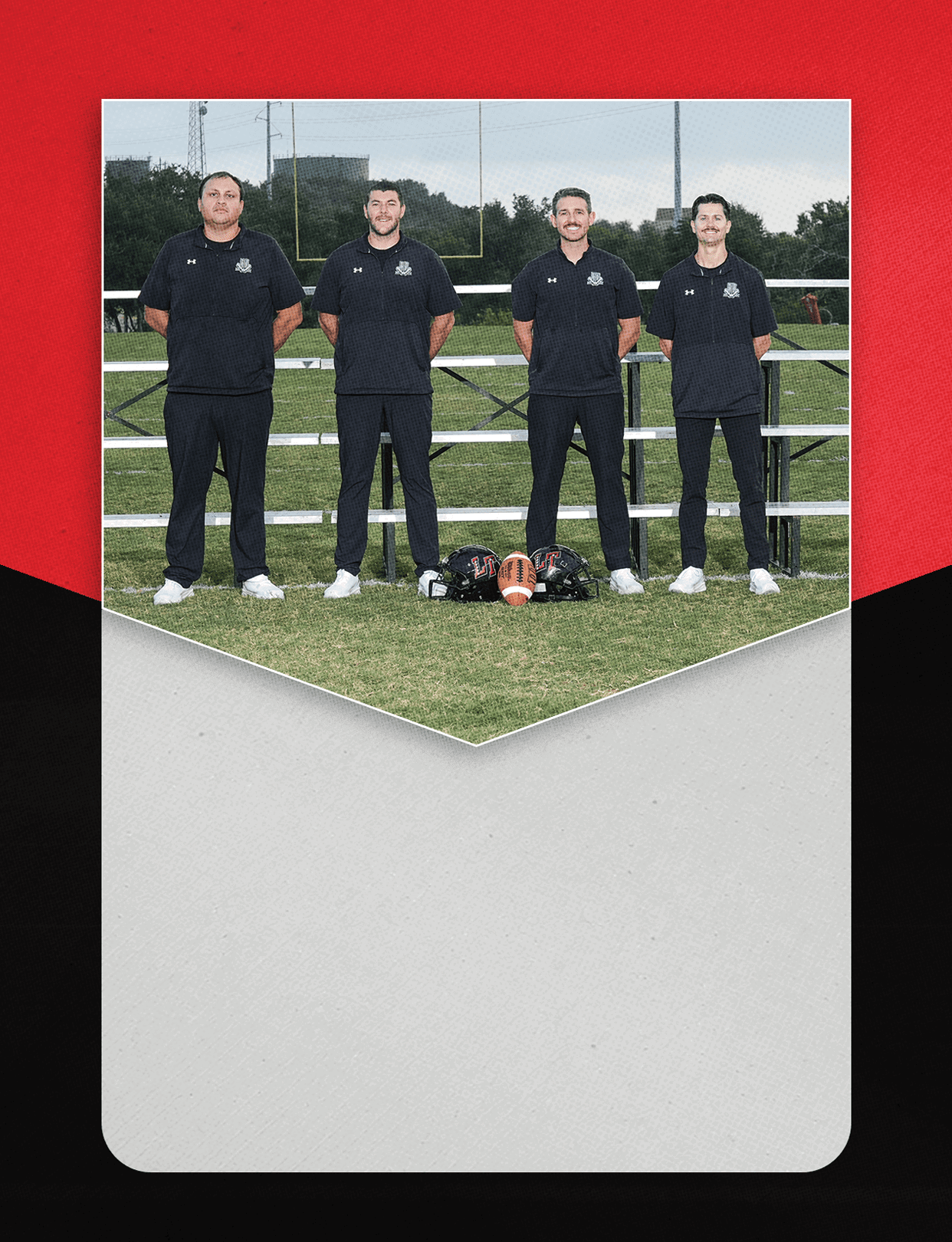 A group of people wearing football uniforms is seated in bleachers above text that reads varsity football 2026 on a red, black, and white background. Description generated by AI