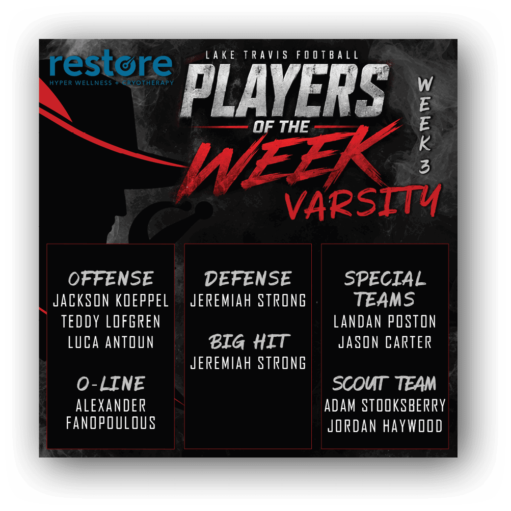 Lake Travis Football Varsity Players of the Week for Week 2 are highlighted with names listed under offense, defense, big hit, special teams, and scout team categories on a dark background with red and white text. Description generated by AI