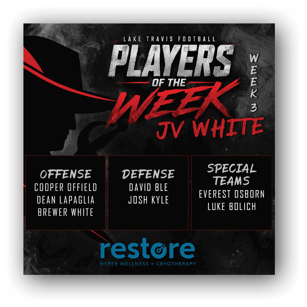 Lake Travis Football Players of the Week for JV Black team highlighting offense, defense, and special teams players with a dark smoky background and bold red and white text. Description generated by AI