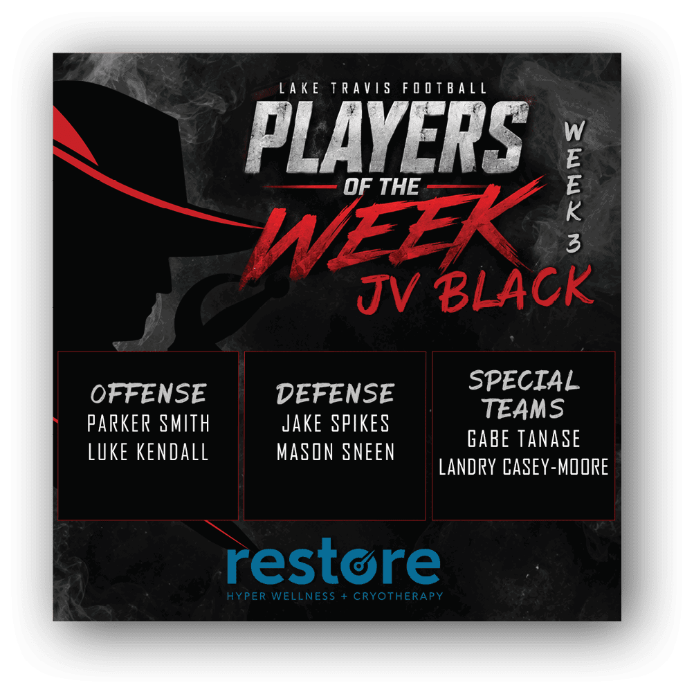 Lake Travis Football Players of the Week for Week 2 are announced with names listed under offense, defense, and special teams categories on a dark smoky background with bold red and white text. Description generated by AI