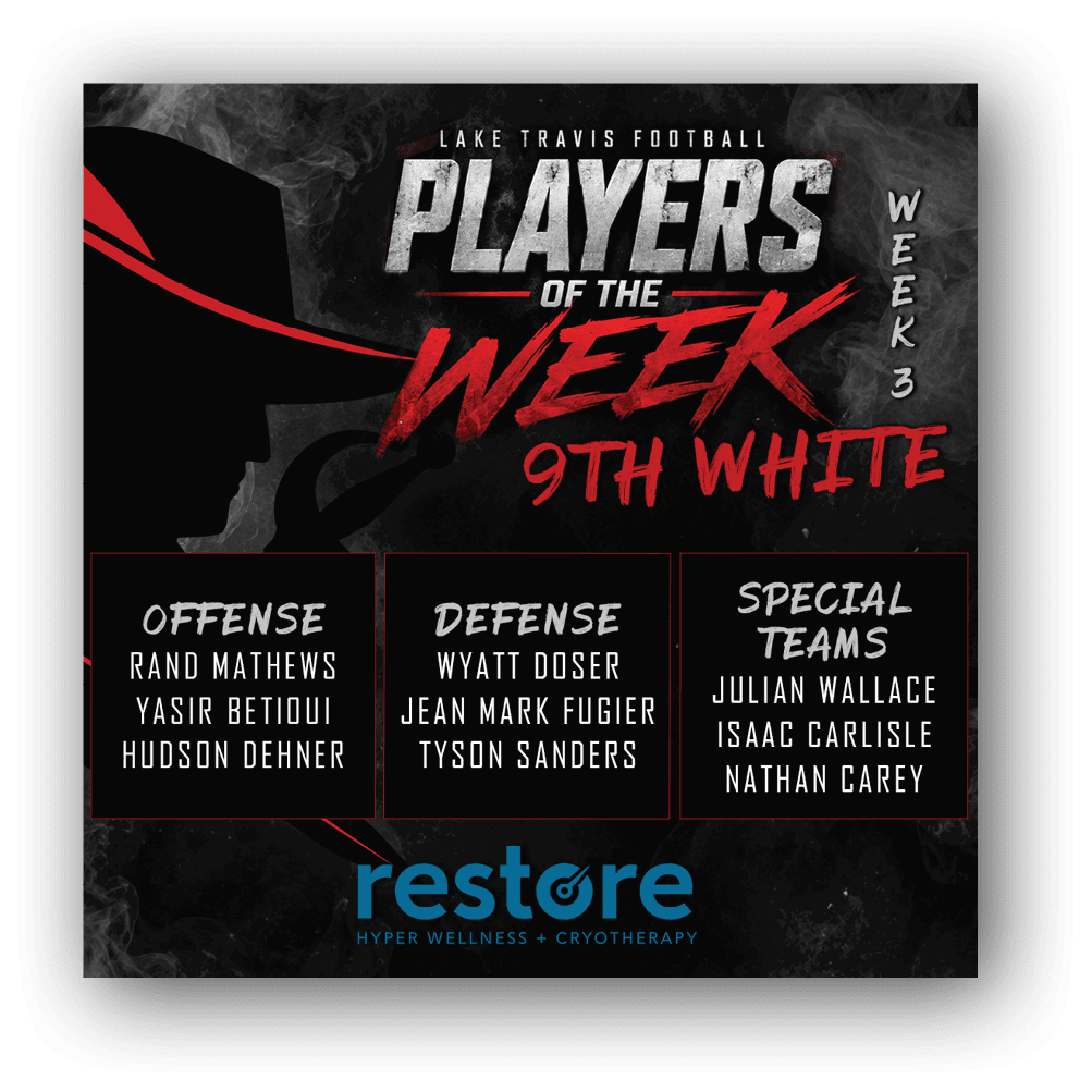 Lake Travis Football Players of the Week for 9th Black team are announced with names listed under offense, defense, and special teams categories on a dark smoky background with bold red and white text. Description generated by AI