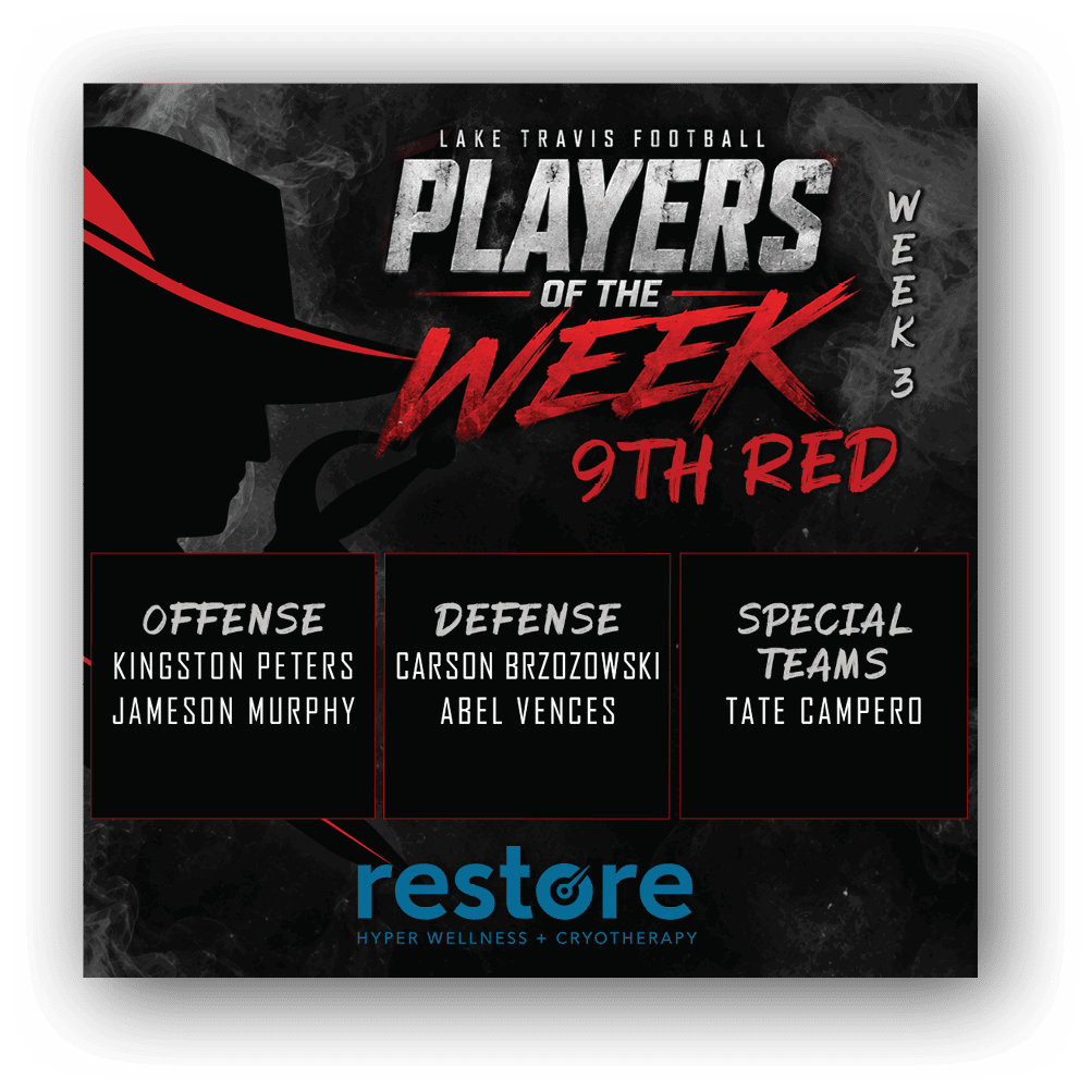 Lake Travis Football Players of the Week for Week 2 highlight offensive, defensive, and special teams players from the 9th Red team with a dark smoky background and bold red and white text. Description generated by AI