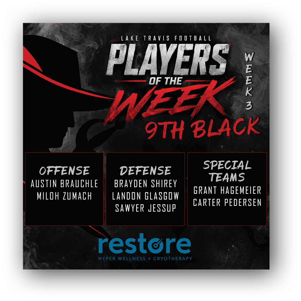 Lake Travis Football Players of the Week for 9th White team in Week 2 are recognized for offense, defense, and special teams with names listed under each category on a dark smoky background with bold red and white text. Description generated by AI