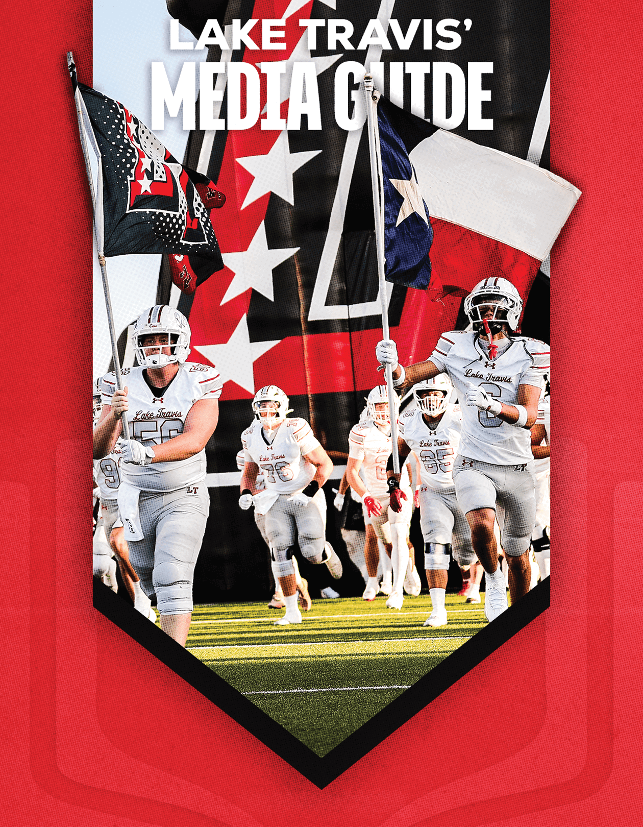 A group of football players in blue and white uniforms huddle together on a green field with the text Lake Travis Story of the Season above them. Description generated by AI