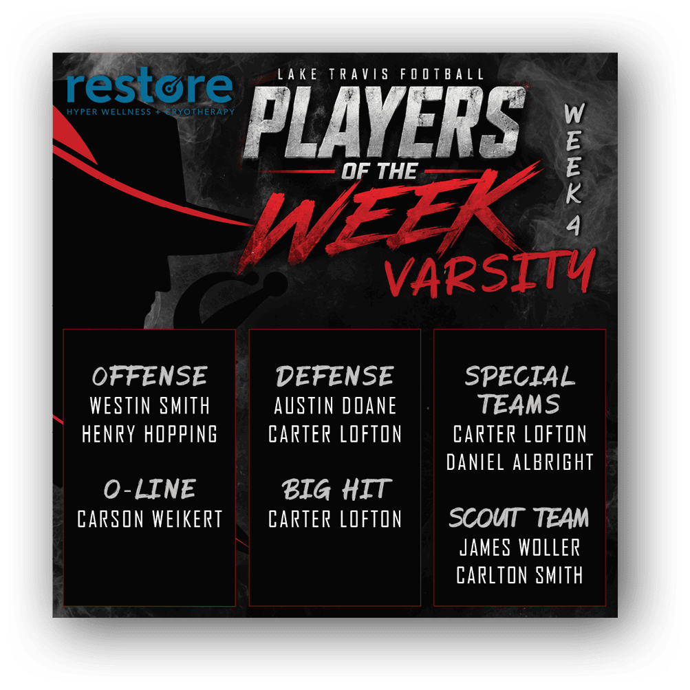 Lake Travis Football Varsity Players of the Week for Week 2 are highlighted with names listed under offense, defense, big hit, special teams, and scout team categories on a dark background with red and white text. Description generated by AI
