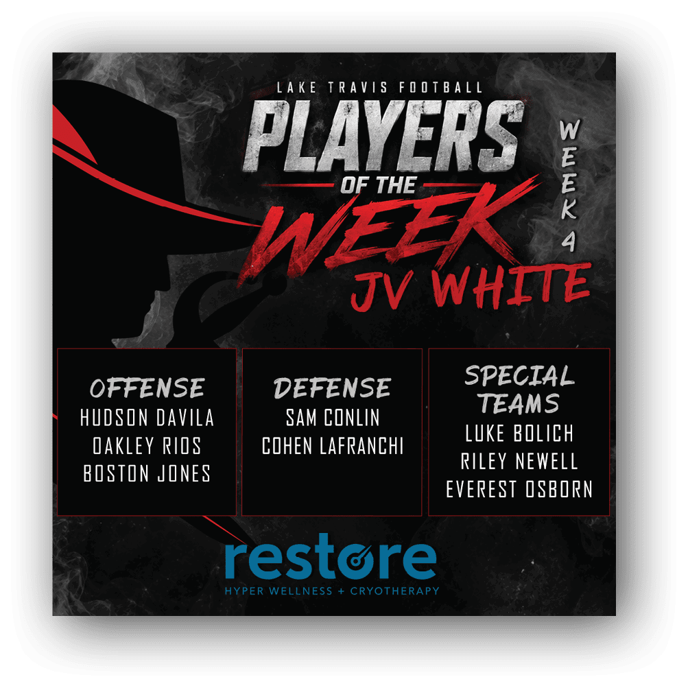 Lake Travis Football Players of the Week for JV Black team highlighting offense, defense, and special teams players with a dark smoky background and bold red and white text. Description generated by AI