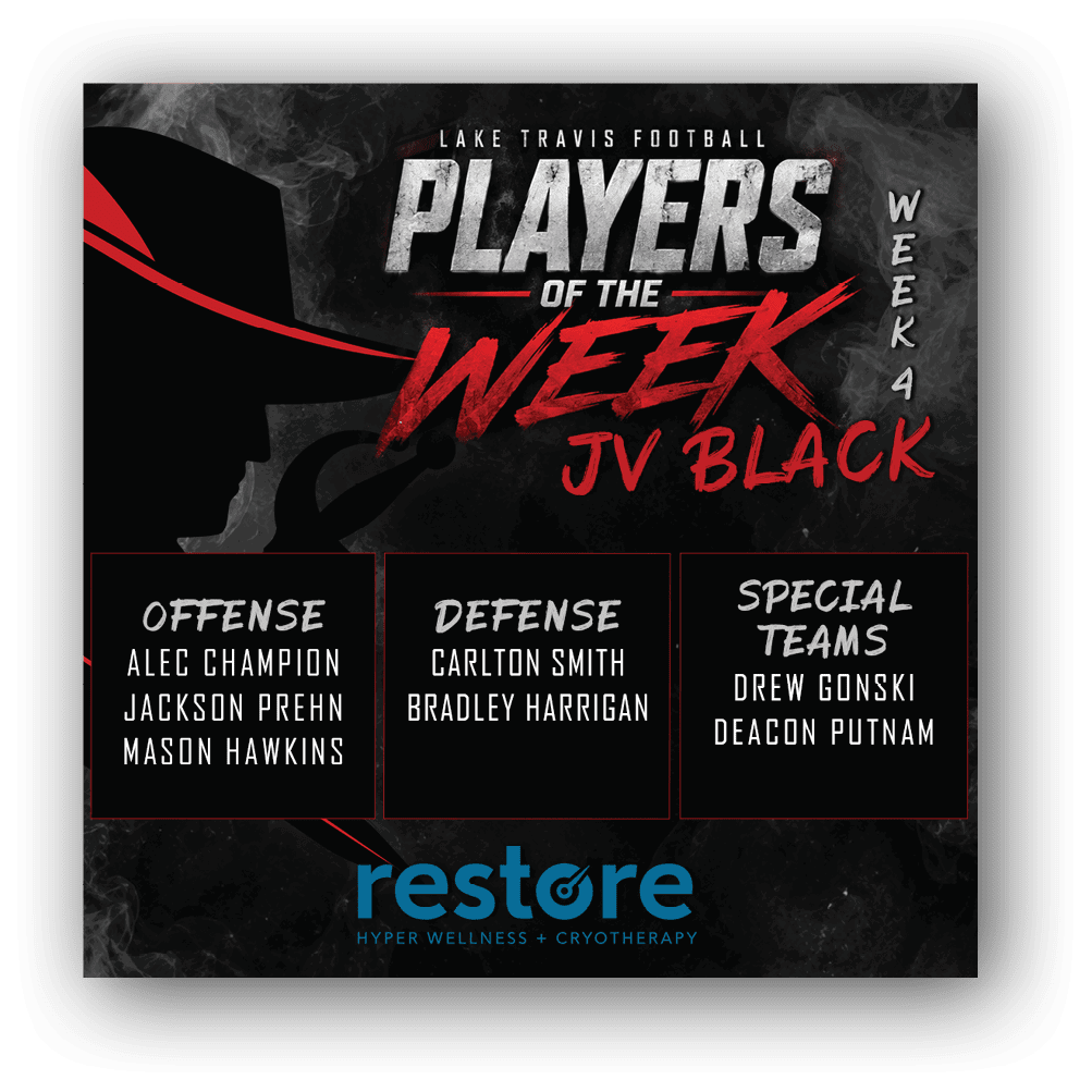 Lake Travis Football Players of the Week for Week 2 are announced with names listed under offense, defense, and special teams categories on a dark smoky background with bold red and white text. Description generated by AI