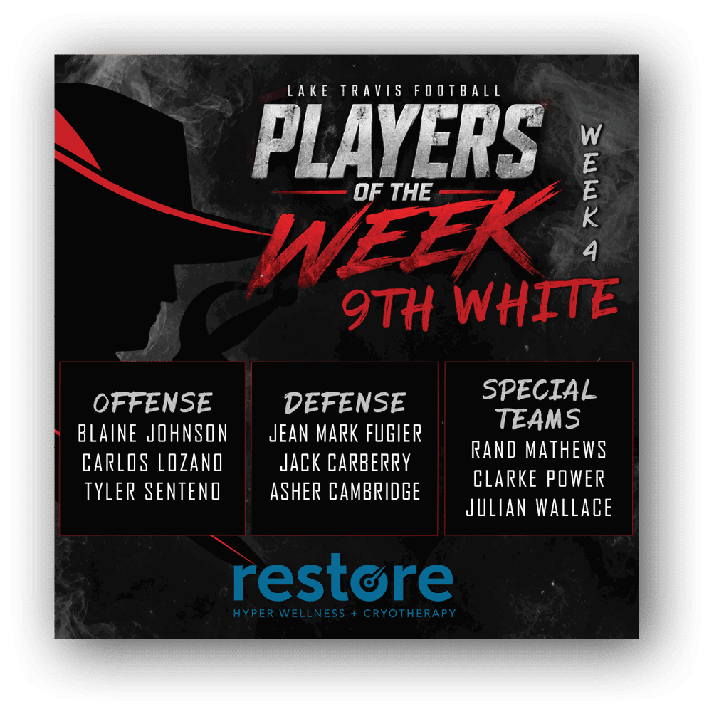 Lake Travis Football Players of the Week for 9th Black team are announced with names listed under offense, defense, and special teams categories on a dark smoky background with bold red and white text. Description generated by AI