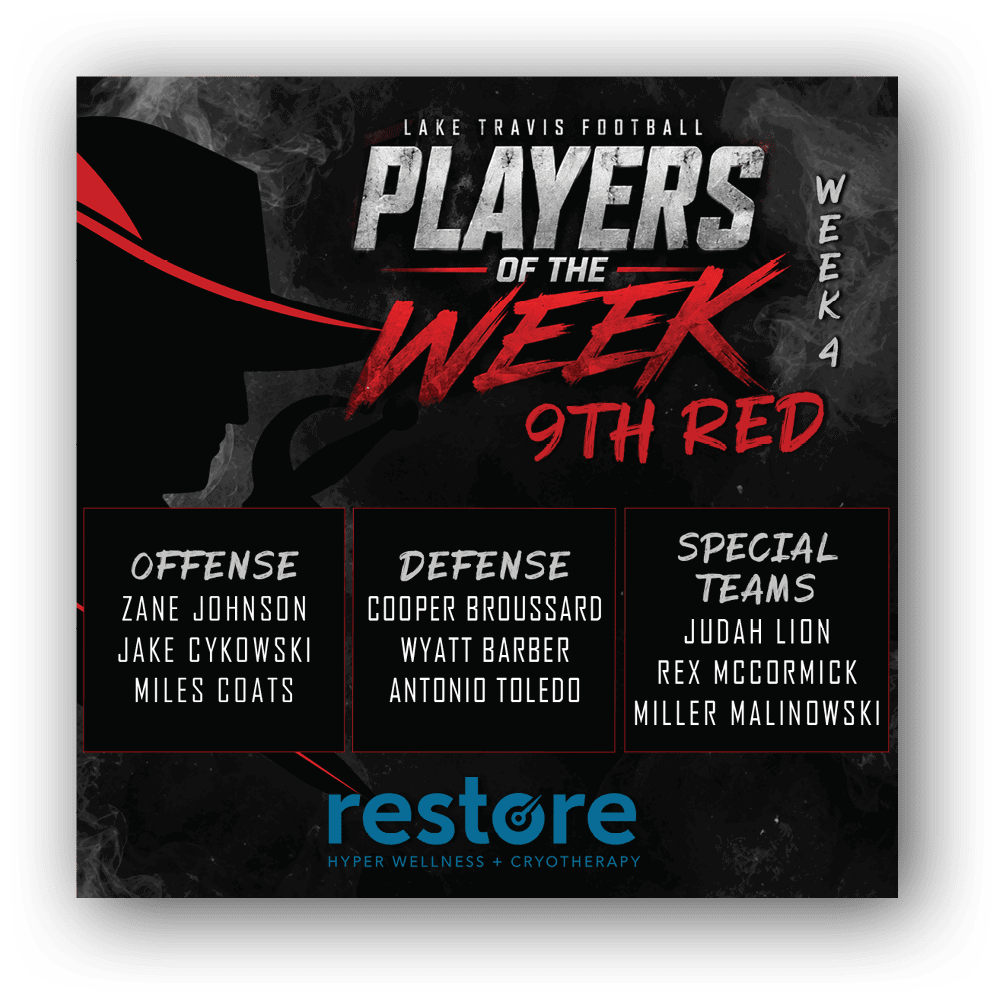 Lake Travis Football Players of the Week for Week 2 highlight offensive, defensive, and special teams players from the 9th Red team with a dark smoky background and bold red and white text. Description generated by AI