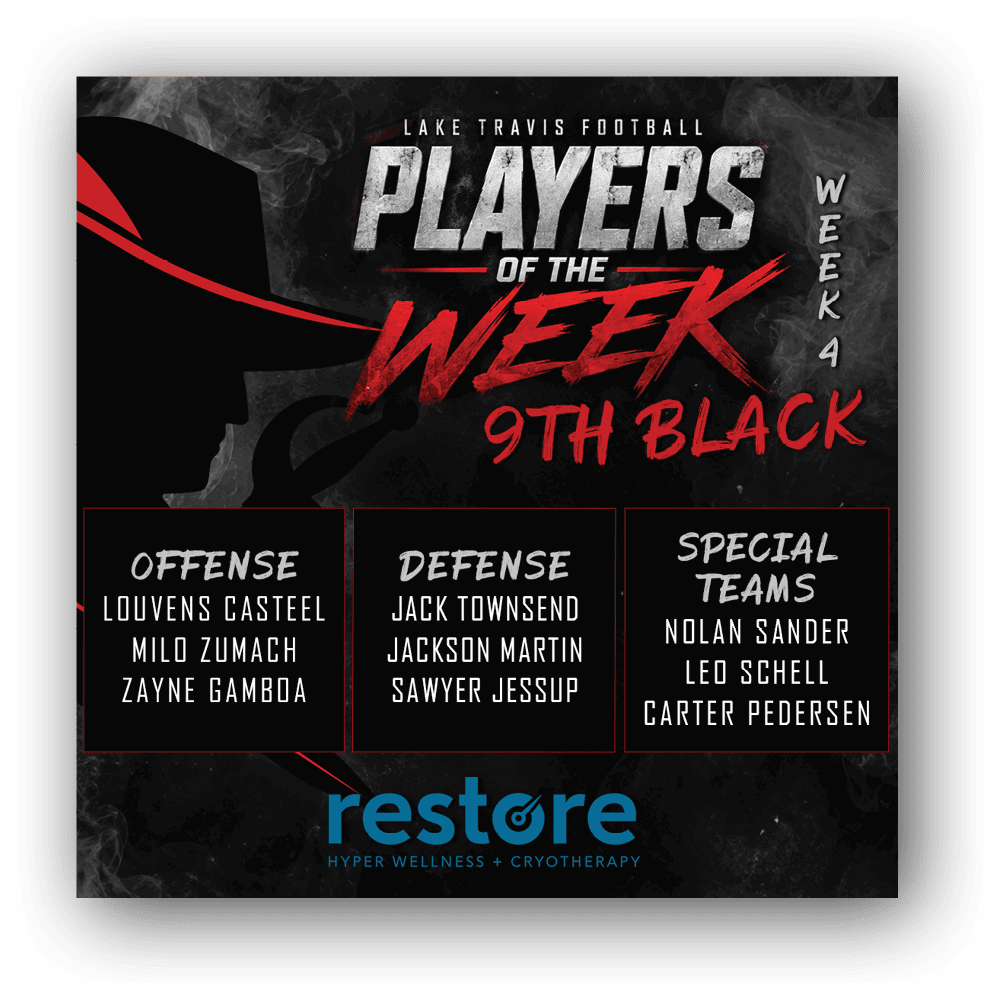 Lake Travis Football Players of the Week for 9th White team in Week 2 are recognized for offense, defense, and special teams with names listed under each category on a dark smoky background with bold red and white text. Description generated by AI